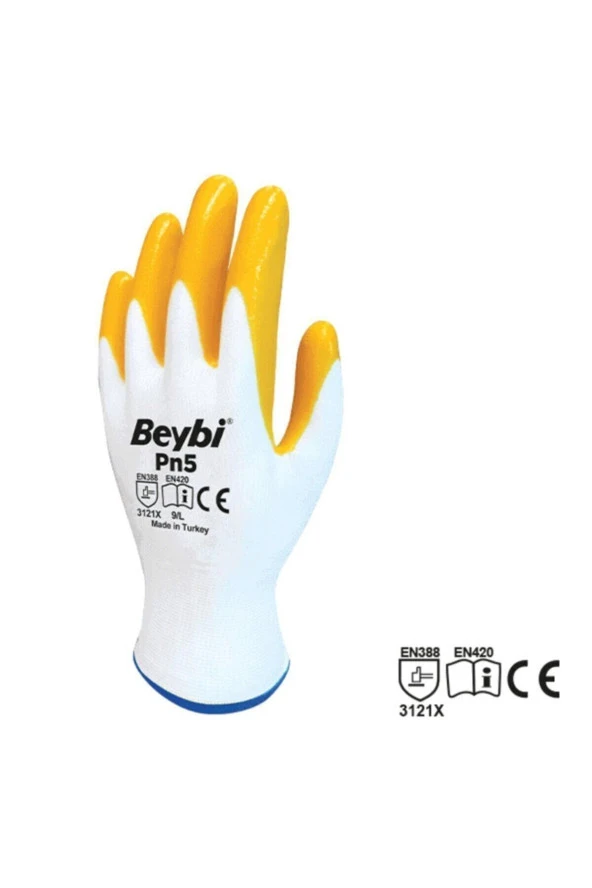 Beybi Polyoster Örme Nitril PMK PN5 Beyaz Sarı 9 Beden Eldiven 12 Li Paket - 2