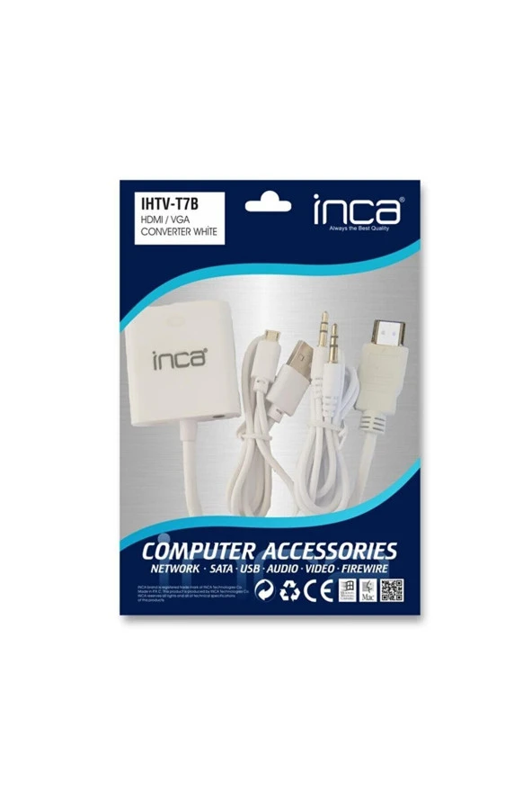 INCA 20 Cm HDMI-VGA Görüntü Adaptörü Beyaz Sesli HDMI To VGA + Ses Dönüştürücü