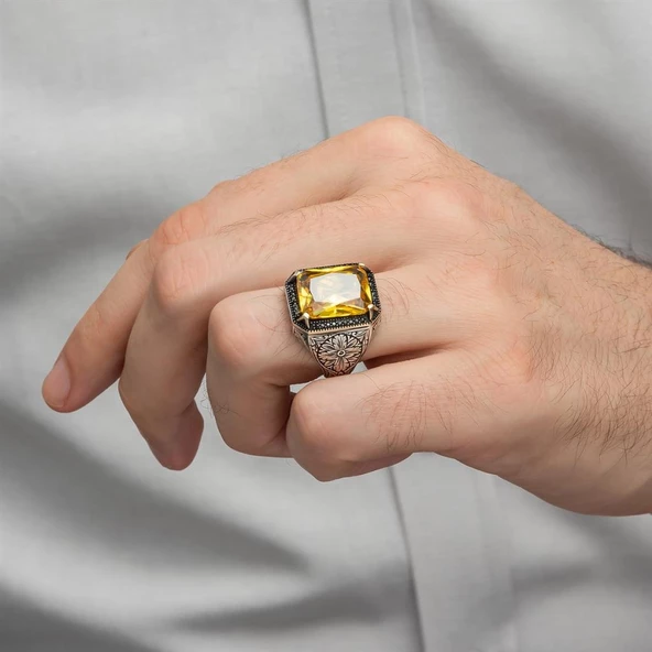 Sarı Sitrin Taşlı Oyma Motifli 925 Gümüş Erkek Yüzük - Resim 8