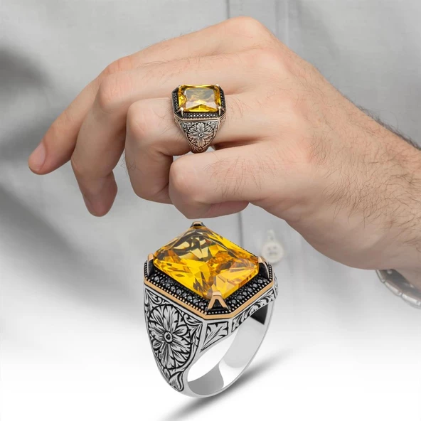 Sarı Sitrin Taşlı Oyma Motifli 925 Gümüş Erkek Yüzük - Resim 9
