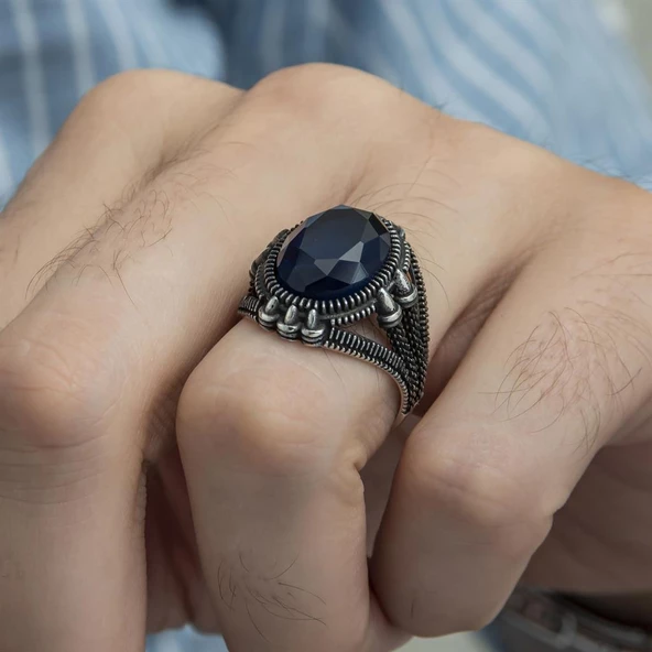 Oval Parlament Mavisi Taşlı 925 Gümüş Erkek Yüzük - 5