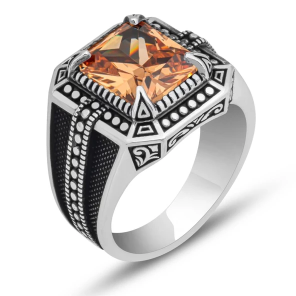 Sitrin Taşlı Kare Tasarım 925 Gümüş Erkek Yüzük - 10