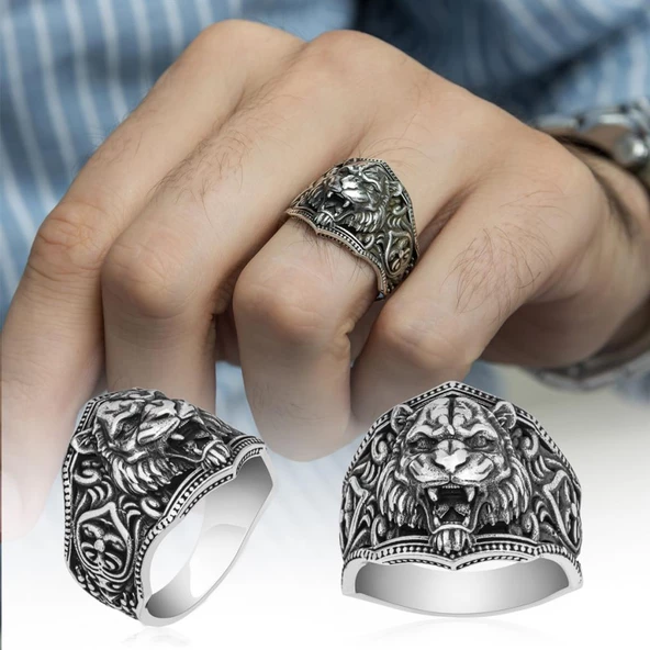 Aslan Başı Motifli Taşsız 925 Gümüş Erkek Yüzük - Resim 10