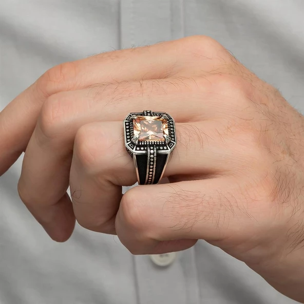 Sitrin Taşlı Kare Tasarım 925 Gümüş Erkek Yüzük - 6