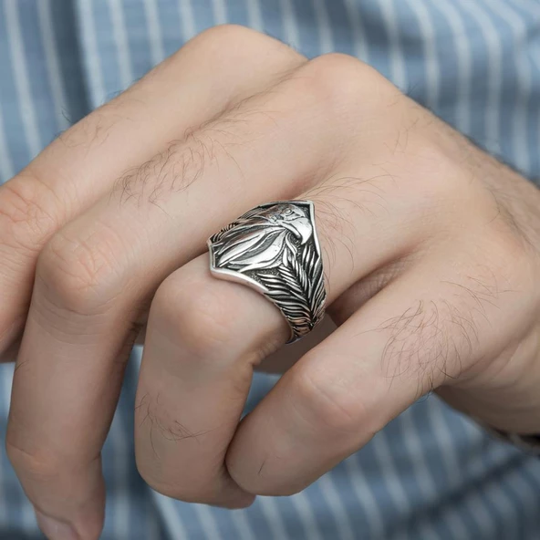 Kartal Başı Motifli Taşsız 925 Gümüş Erkek Yüzük - 7