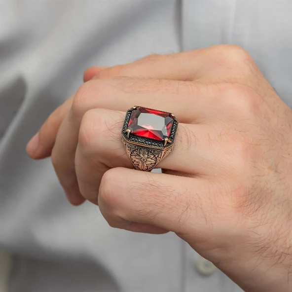 Kırmızı Taşlı Oyma Motifli 925 Gümüş Erkek Yüzük - Resim 11