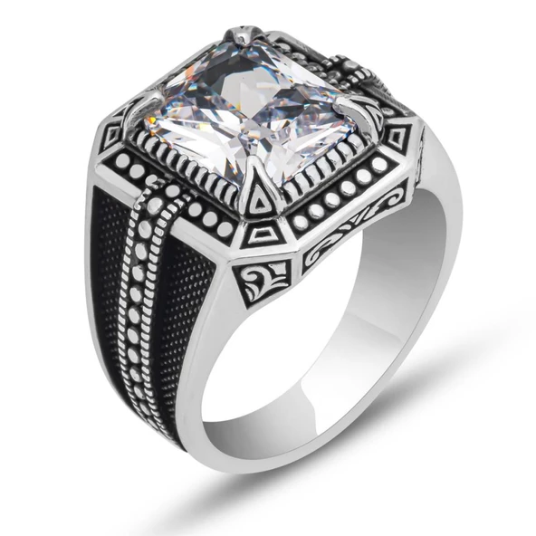 Beyaz Zirkon Taşlı Kare Tasarım 925 Gümüş Erkek Yüzük - 3