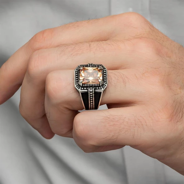 Sitrin Taşlı Kare Tasarım 925 Gümüş Erkek Yüzük - 7