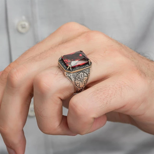 Kırmızı Taşlı Oyma Motifli 925 Gümüş Erkek Yüzük - Resim 12