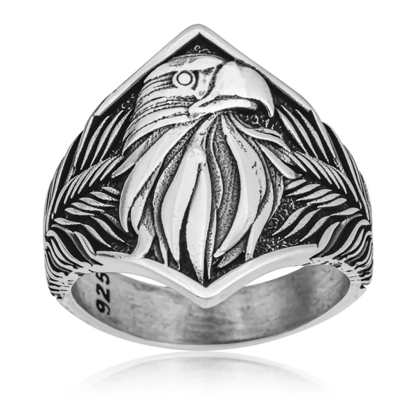 Kartal Başı Motifli Taşsız 925 Gümüş Erkek Yüzük - 4