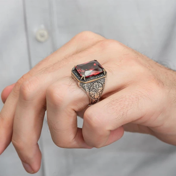 Kırmızı Taşlı Oyma Motifli 925 Gümüş Erkek Yüzük - Resim 9