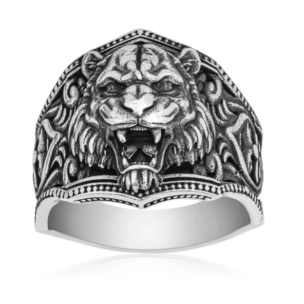 Aslan Başı Motifli Taşsız 925 Gümüş Erkek Yüzük - Resim 8