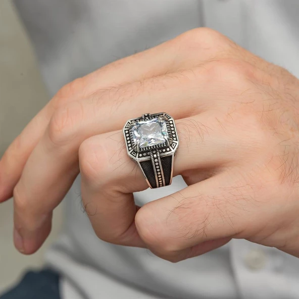 Beyaz Zirkon Taşlı Kare Tasarım 925 Gümüş Erkek Yüzük - 12