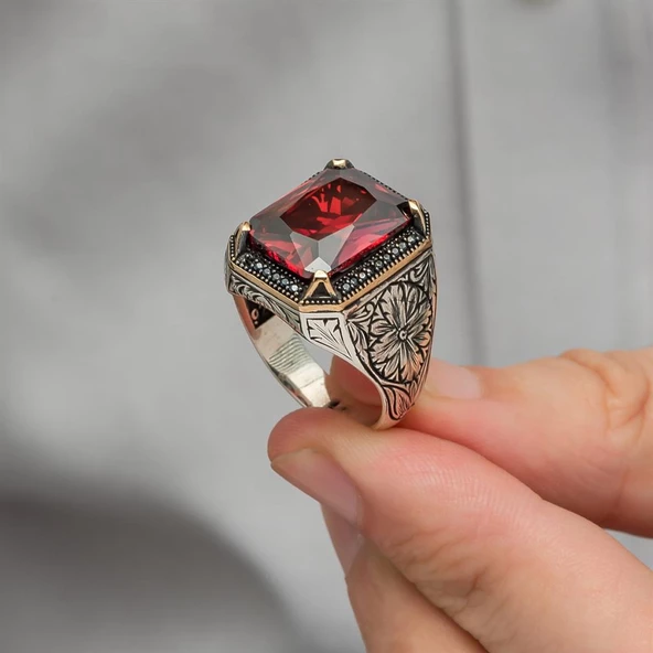Kırmızı Taşlı Oyma Motifli 925 Gümüş Erkek Yüzük - Resim 7
