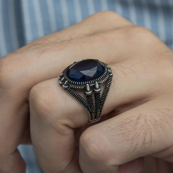 Oval Parlament Mavisi Taşlı 925 Gümüş Erkek Yüzük - 3