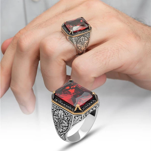 Kırmızı Taşlı Oyma Motifli 925 Gümüş Erkek Yüzük ürün görseli 1