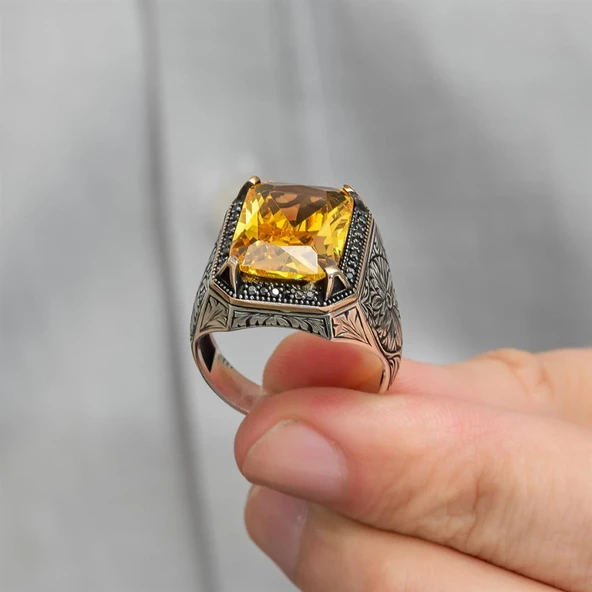 Sarı Sitrin Taşlı Oyma Motifli 925 Gümüş Erkek Yüzük - Resim 6