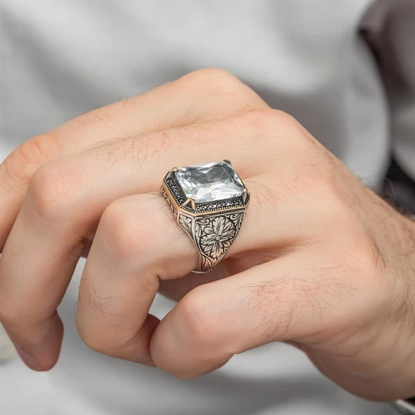 Beyaz Zirkon Taşlı Oyma Motifli 925 Gümüş Erkek Yüzük - Resim 5