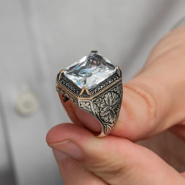 Beyaz Zirkon Taşlı Oyma Motifli 925 Gümüş Erkek Yüzük - Resim 10