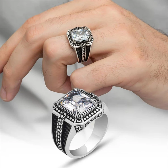 Beyaz Zirkon Taşlı Kare Tasarım 925 Gümüş Erkek Yüzük - 9