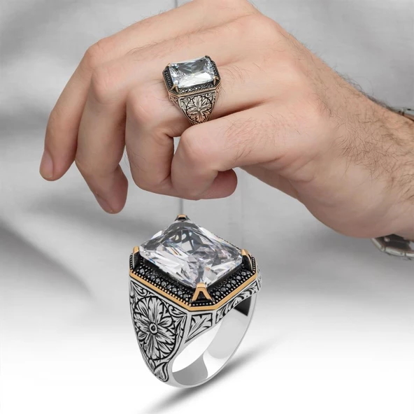 Beyaz Zirkon Taşlı Oyma Motifli 925 Gümüş Erkek Yüzük ürün görseli 1