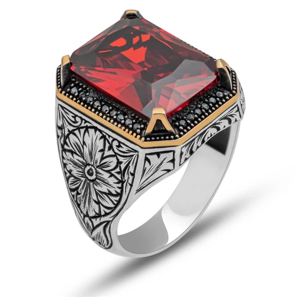 Kırmızı Taşlı Oyma Motifli 925 Gümüş Erkek Yüzük - Resim 6