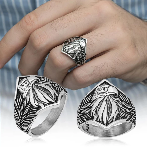 Kartal Başı Motifli Taşsız 925 Gümüş Erkek Yüzük