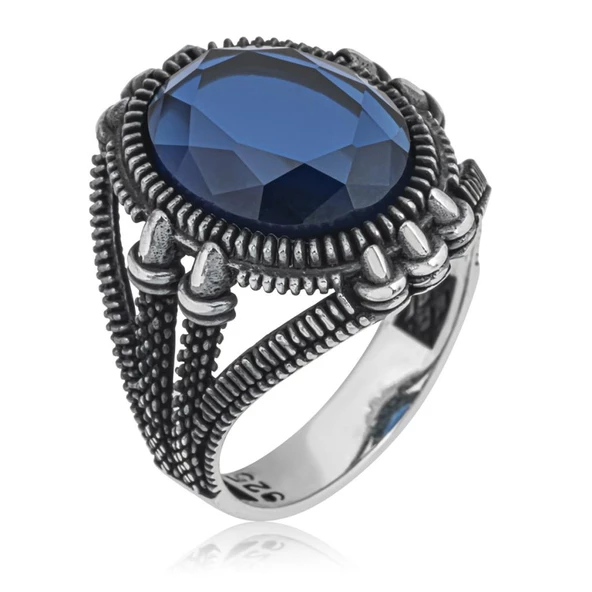 Oval Parlament Mavisi Taşlı 925 Gümüş Erkek Yüzük - 8