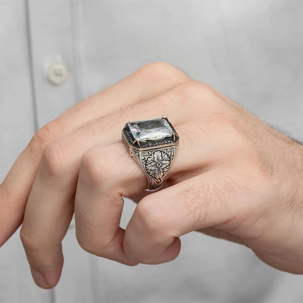 Beyaz Zirkon Taşlı Oyma Motifli 925 Gümüş Erkek Yüzük - Resim 9