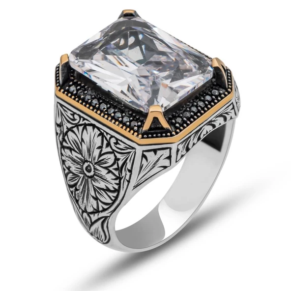 Beyaz Zirkon Taşlı Oyma Motifli 925 Gümüş Erkek Yüzük - Resim 12