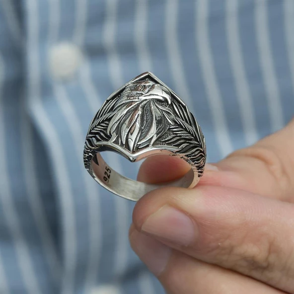 Kartal Başı Motifli Taşsız 925 Gümüş Erkek Yüzük - 6