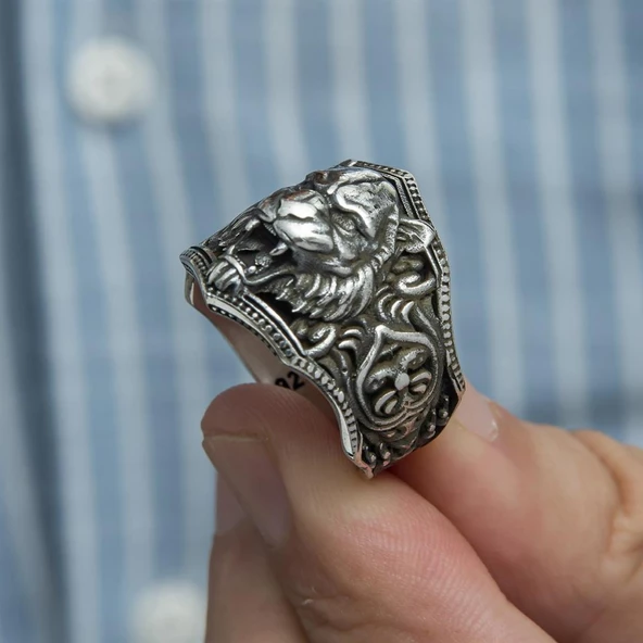Aslan Başı Motifli Taşsız 925 Gümüş Erkek Yüzük - Resim 5