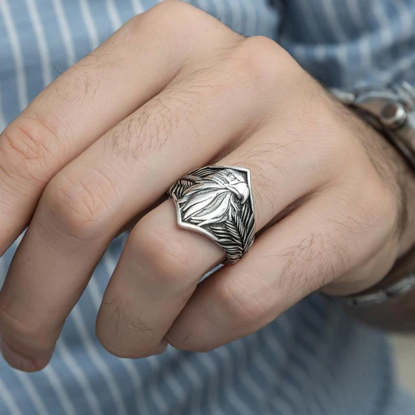 Kartal Başı Motifli Taşsız 925 Gümüş Erkek Yüzük - 8