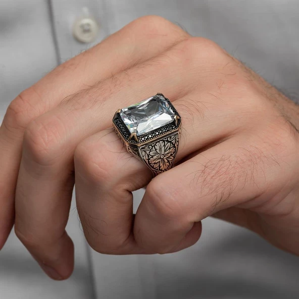 Beyaz Zirkon Taşlı Oyma Motifli 925 Gümüş Erkek Yüzük - Resim 8