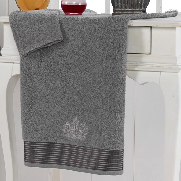 NevresimEv Taç Serisi Nakışlı 2 Parça Tek Kişilik Bornoz Seti Gri - 4