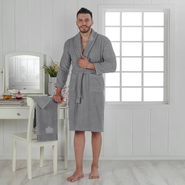 NevresimEv Taç Serisi Nakışlı 2 Parça Tek Kişilik Bornoz Seti Gri - 2