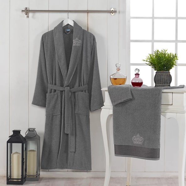NevresimEv Taç Serisi Nakışlı 2 Parça Tek Kişilik Bornoz Seti Gri - 3