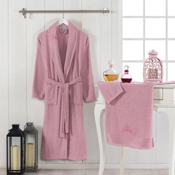 NevresimEv Taç Serisi Nakışlı 2 Parça Tek Kişilik Bornoz Seti Gülkurusu - 3