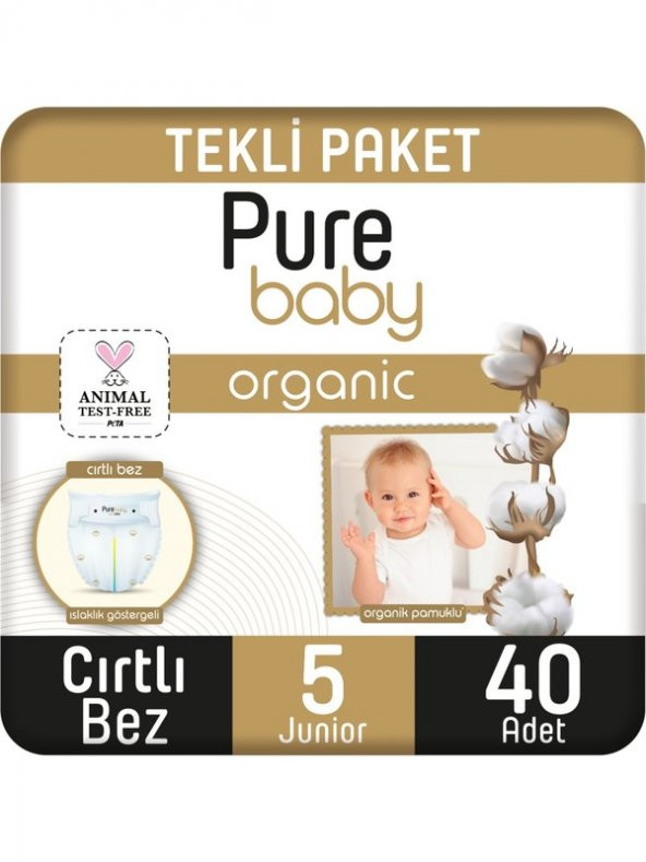 Pure Baby Organik Pamuklu Cırtlı Bez Tekli Paket 5 Numara Junior 40 Adet