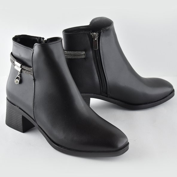 334 Günlük Fermuarlı Kadın Topuklu Bot Ayakkabı Siyah Klasik Topuk Bot