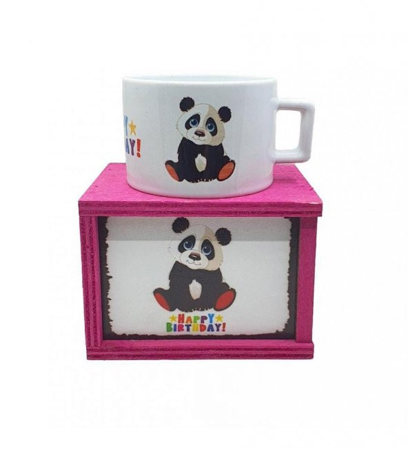 Panda Happy Birthday Doğum Günü Konsept Ahşap Kutulu Kupa Bardak - Resim 3