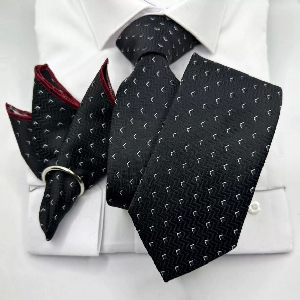 Klasik Desen Siyah Mendilli Kravat
