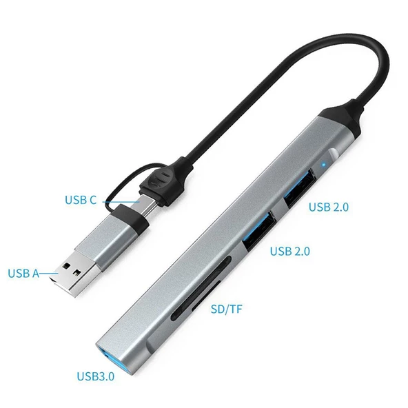 Type C - usb A to 5in1 usb hub+kart okuyucu usb 3.0-2.0 tf/sd - 2