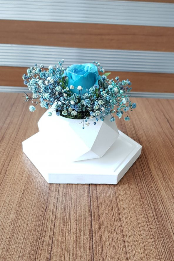 adresiburası Beton Saksıda Gül Cipso Aranjman Masa çiçeği Mavi - 3