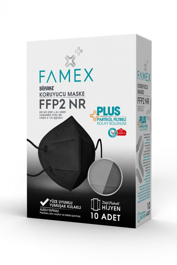 FAMEX N95 FFP2 KORUYUCU MASKE SİYAH RENK 10 ADET TEKLİ PAKET DUCK MODELİ