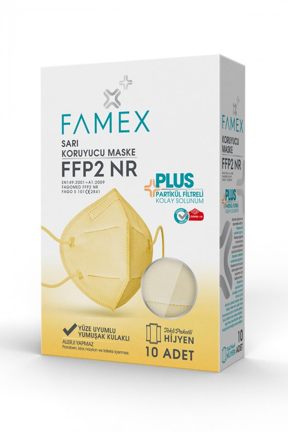 FAMEX N95 FFP2 KORUYUCU MASKE SARI RENK 10 ADET TEKLİ PAKET DUCK MODELİ