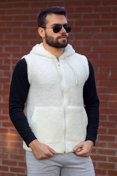 Erkek Ekru Beyaz Peluş Yumoş Fermuarlı Kapüşonlu Yelek 22EYLKPELO - 3