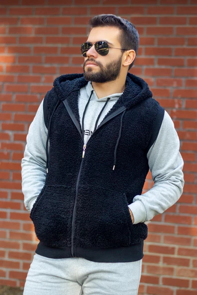 Erkek Siyah Peluş Yumoş Fermuarlı Kapüşonlu Yelek 22EYLKPELO - Resim 4