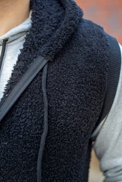 Erkek Siyah Peluş Yumoş Fermuarlı Kapüşonlu Yelek 22EYLKPELO - Resim 3