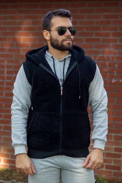 Erkek Siyah Peluş Yumoş Fermuarlı Kapüşonlu Yelek 22EYLKPELO - Resim 6
